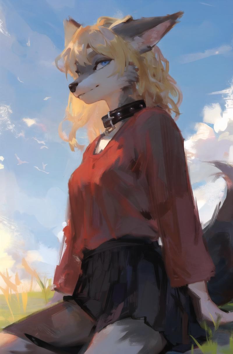 00332-3395172907-highres,furry wolf  girl,(chib_1.2),sky,blonde,blue eyes,high detail eyes,grass,(solo_1.2),portrait, _red shirt,(black skirt_1.2.png